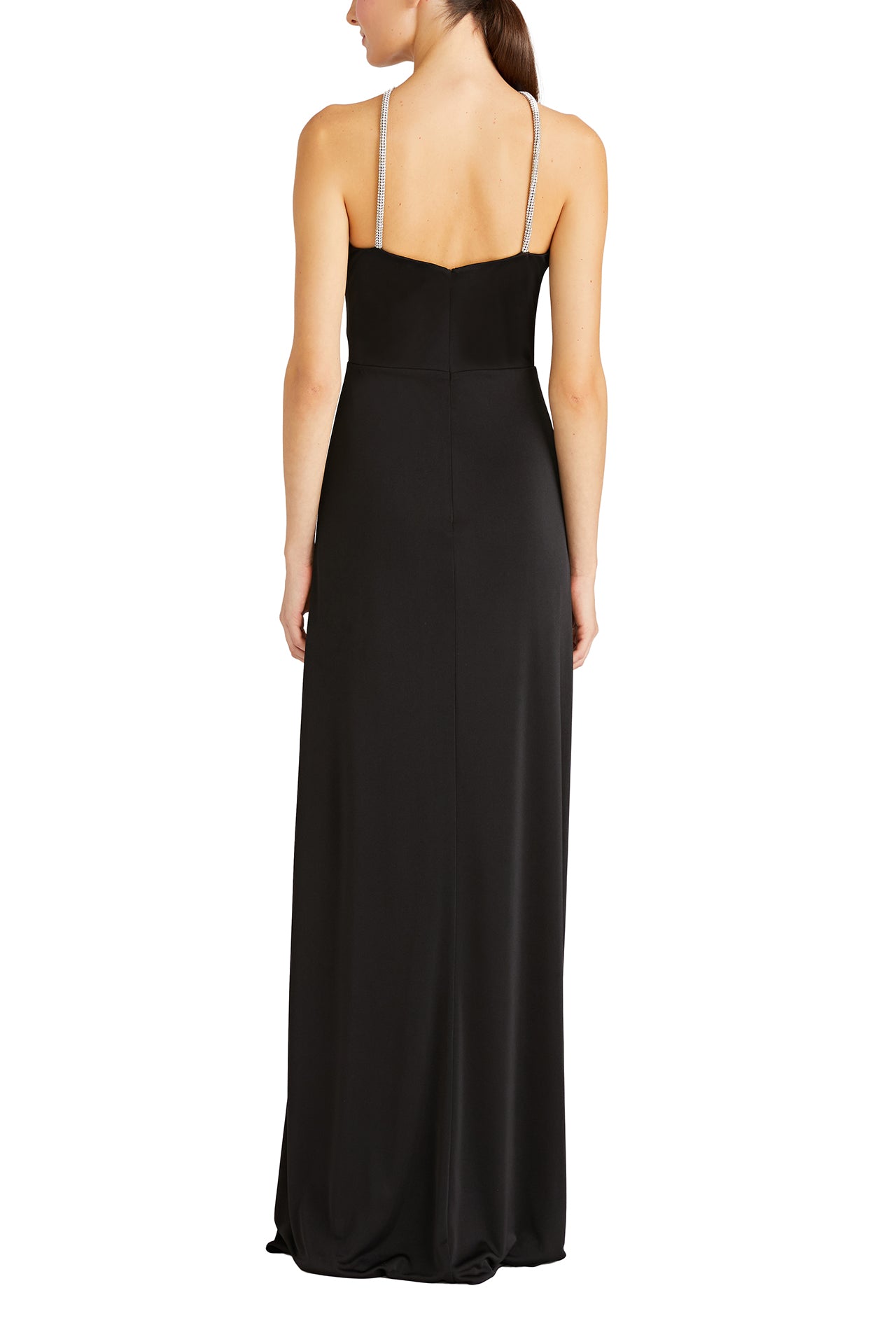 ML Monique Lhuillier Summer 2024 Sleeveless, floor length gown with crystal keyhole halter neckline - back.