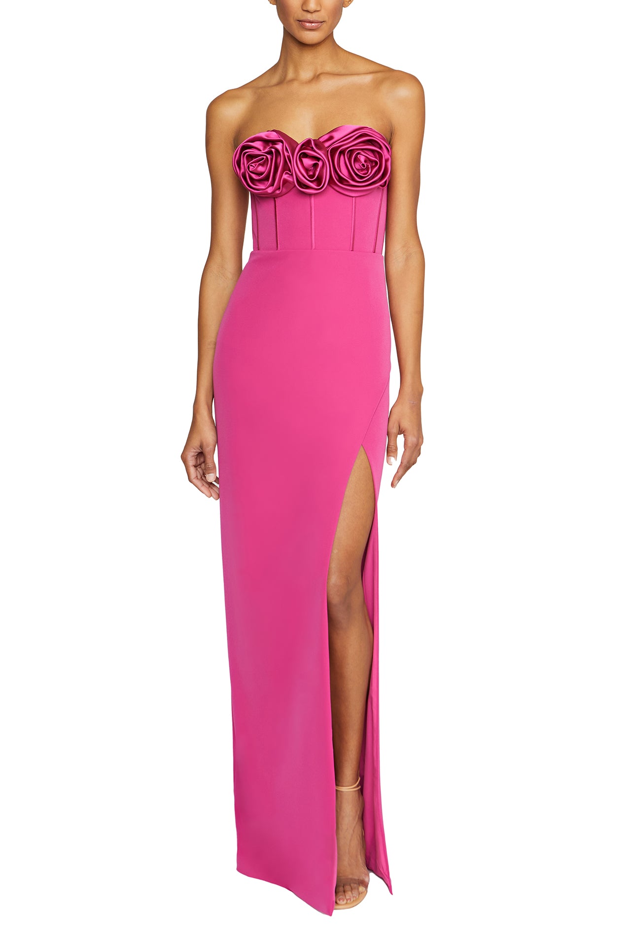 Strapless column gown with corseted bodice and rosette detail at front neckline in Cerise Pink crepe- front