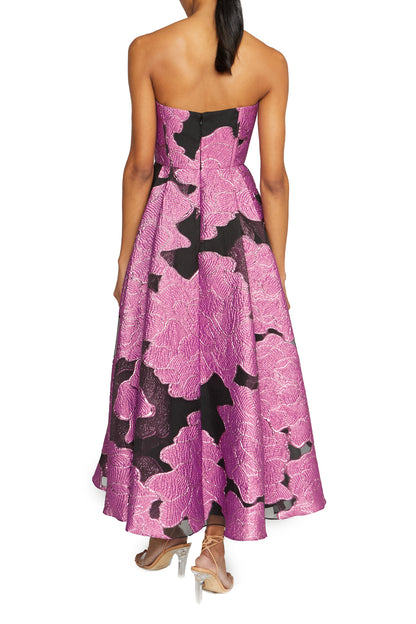 Strapless midi dress with full A-line skirt in French Fuchsia/Black jacquard- back