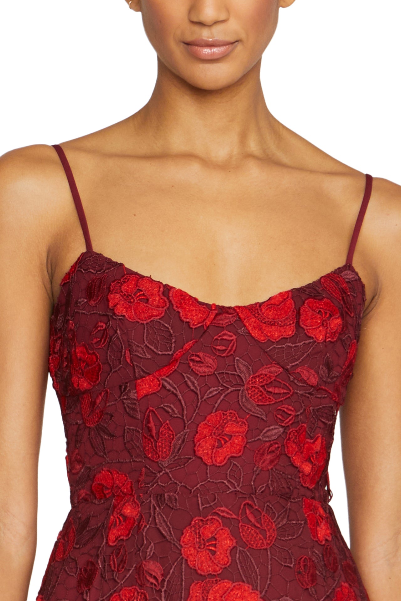 Spaghetti strap mini dress in Crimson/Bordeaux lace- front detail