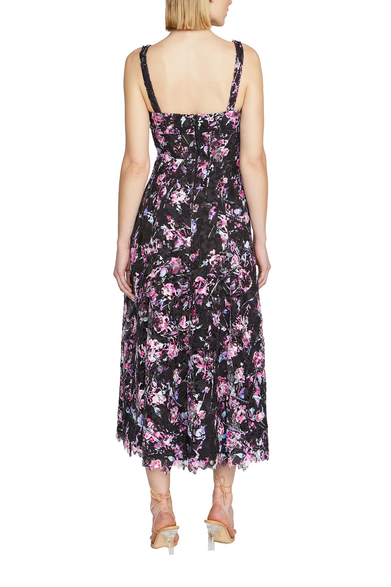 ML Monique Lhuillier Sleeveless floral lace midi dress with sweetheart neckline and A-line skirt - back.