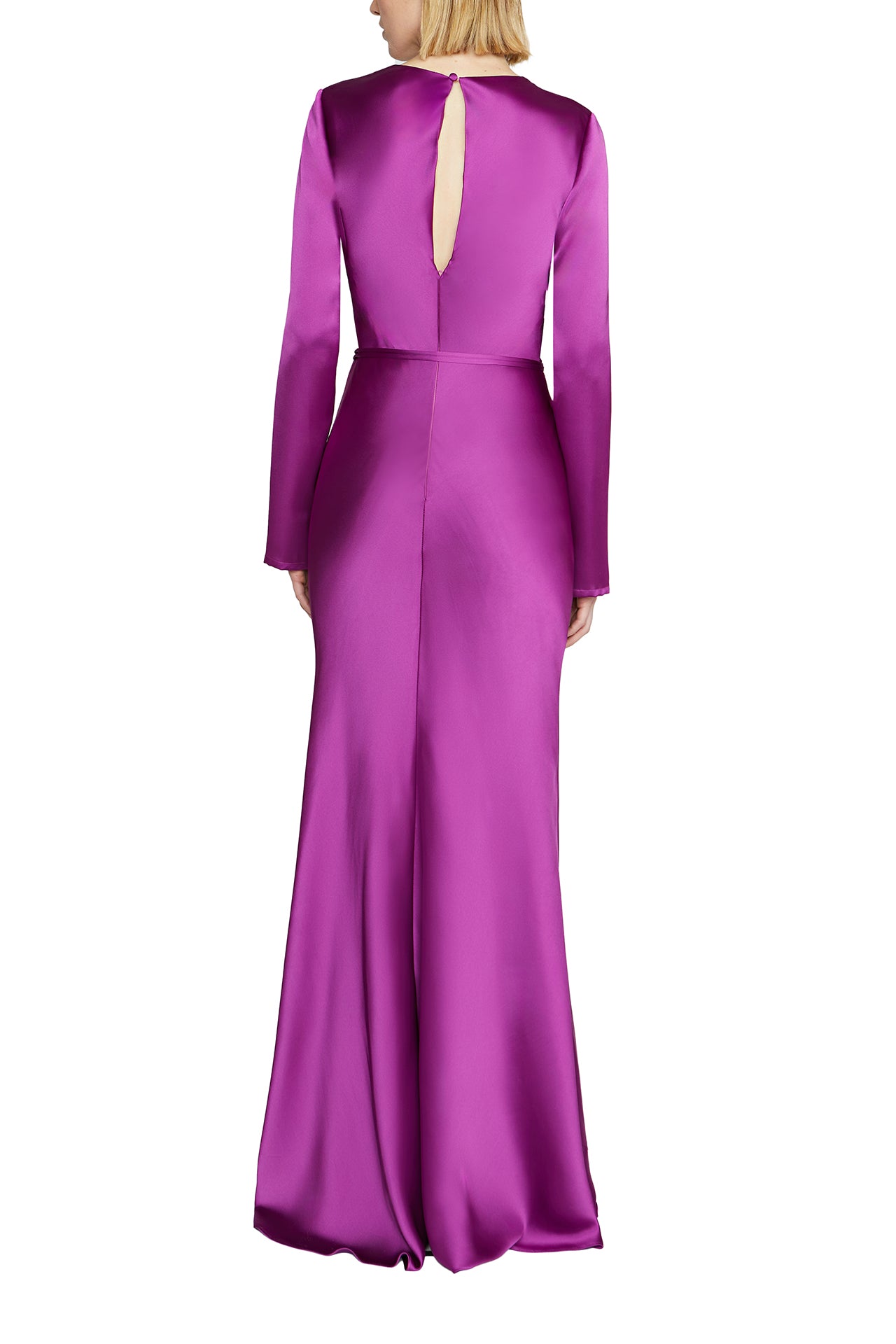 ML Monique Lhuillier purple long sleeve, jewel neckline gown with keyhole back and narrow sash at waist - back.