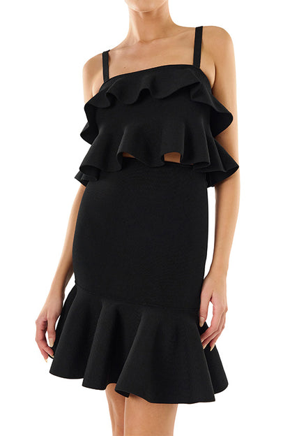 Monique Lhuillier black knit ruffle mini skirt.