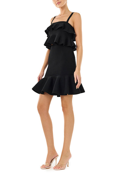 Monique Lhuillier black knit ruffle mini skirt.