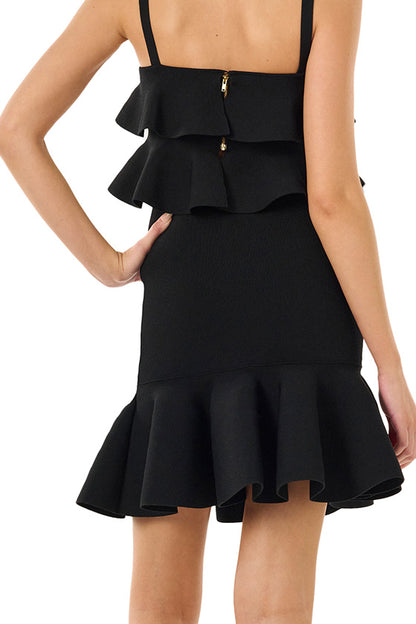 Monique Lhuillier black knit ruffle mini skirt.