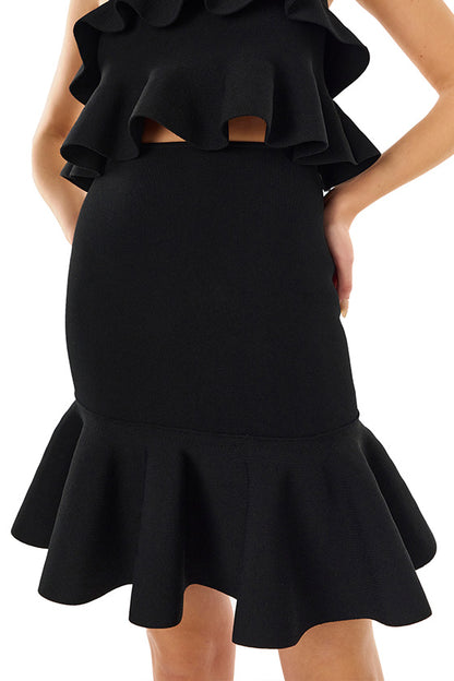 Monique Lhuillier black knit ruffle mini skirt.