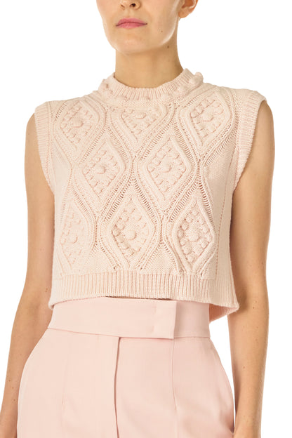 Monique Lhuillier Sleeveless, bobble crop tank in Pale Blush wool cable knit - front crop.