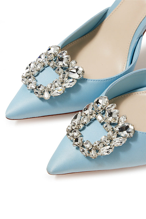 Monique Lhuillier ice blue satin Carrie heel with pointed toe, rhinestone cluster and slingback.