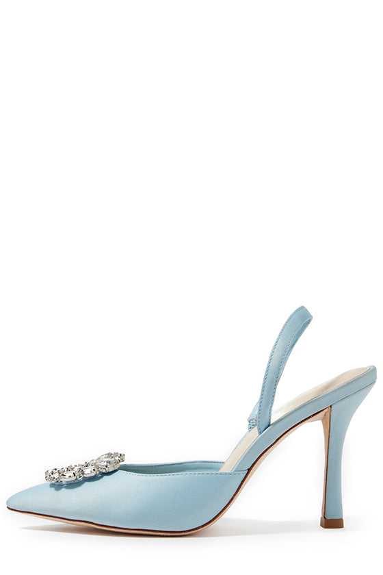 Monique Lhuillier ice blue satin Carrie heel with pointed toe, rhinestone cluster and slingback.