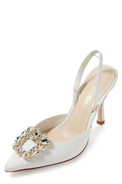 Monique Lhuillier silk white satin Carrie heel with pointed toe, rhinestone cluster and slingback. 