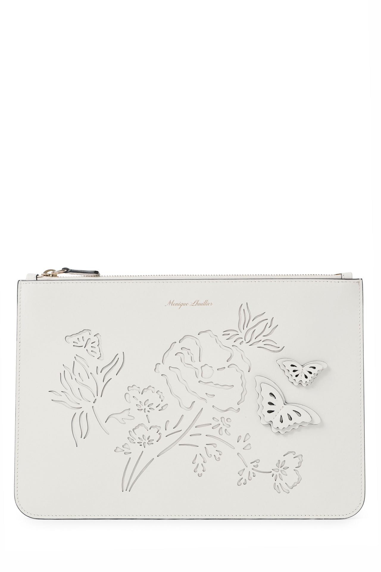 Leather zip pouch with laser cut florals and three-dimensional leather butterflies in Ivory- front