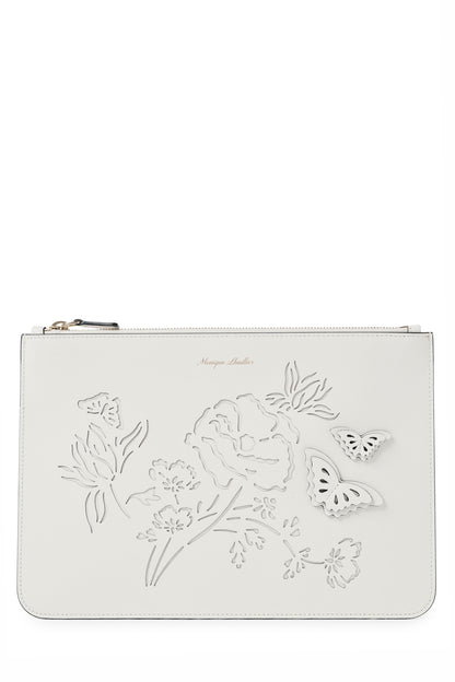 Leather zip pouch with laser cut florals and three-dimensional leather butterflies in Ivory- front