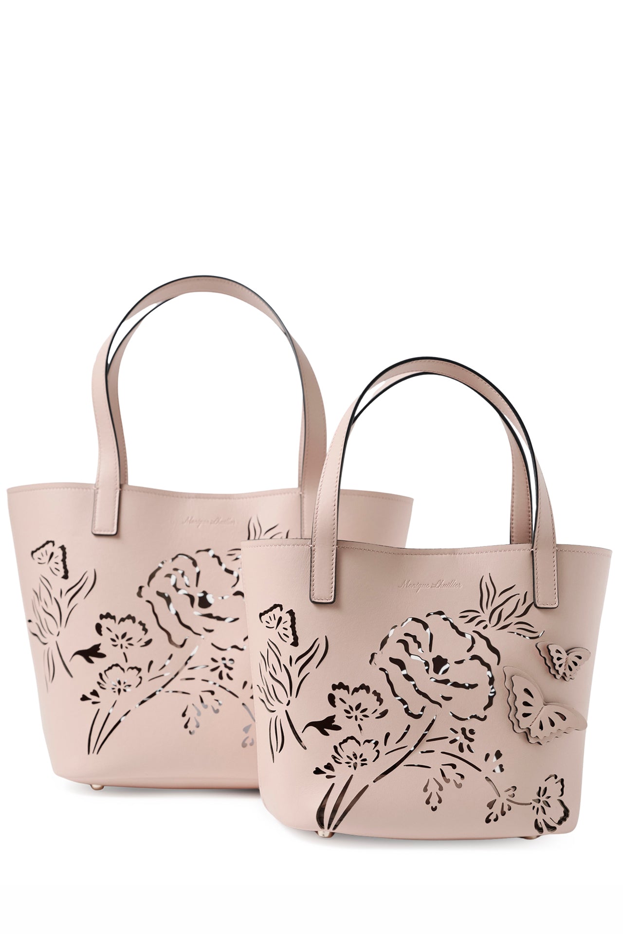 Leather top handle tote bag with laser cut florals, three-dimensional leather butterflies and small zip pouch in Blush- front, large and small tote