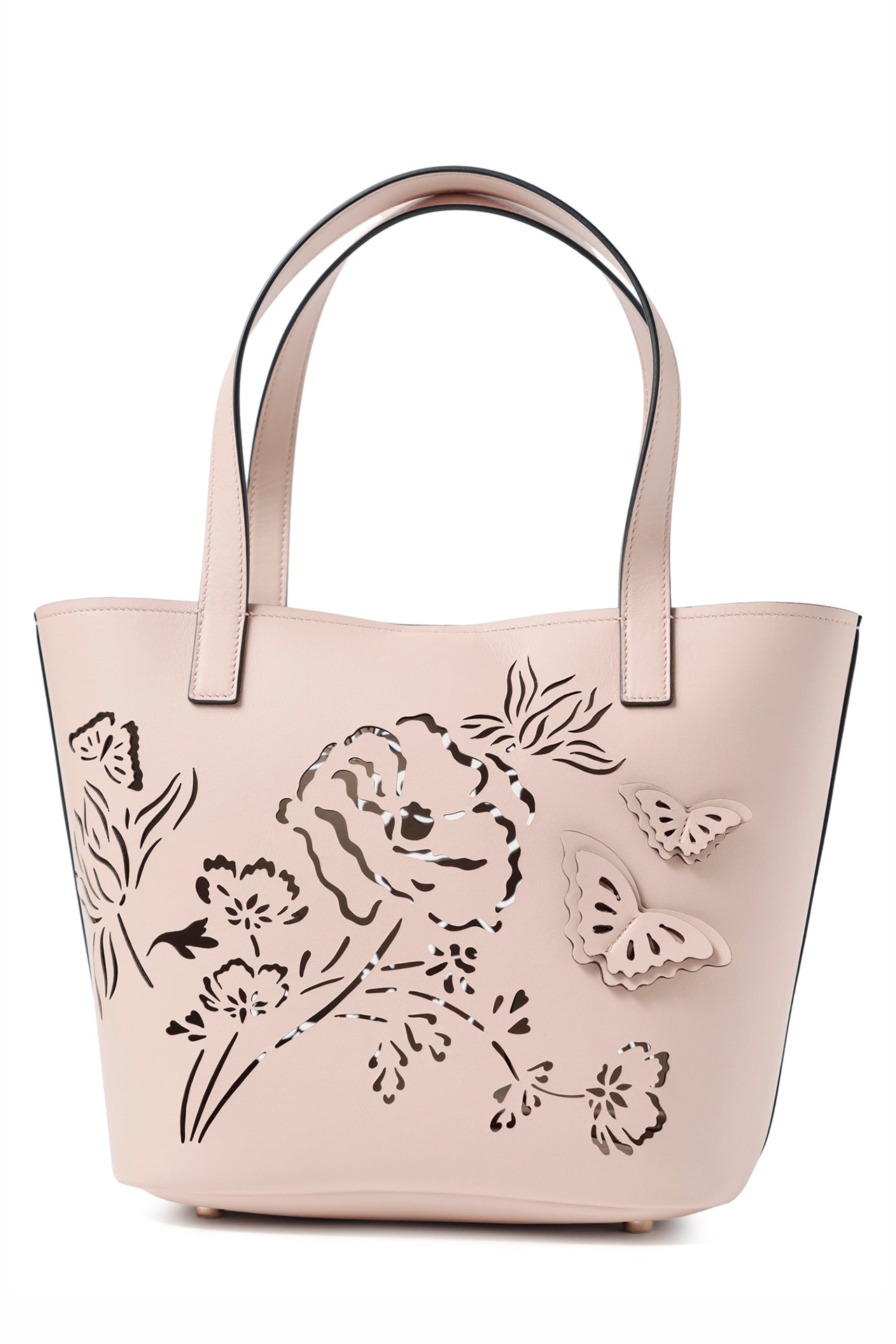 Leather top handle tote bag with laser cut florals, three-dimensional leather butterflies and small zip pouch in Blush- back