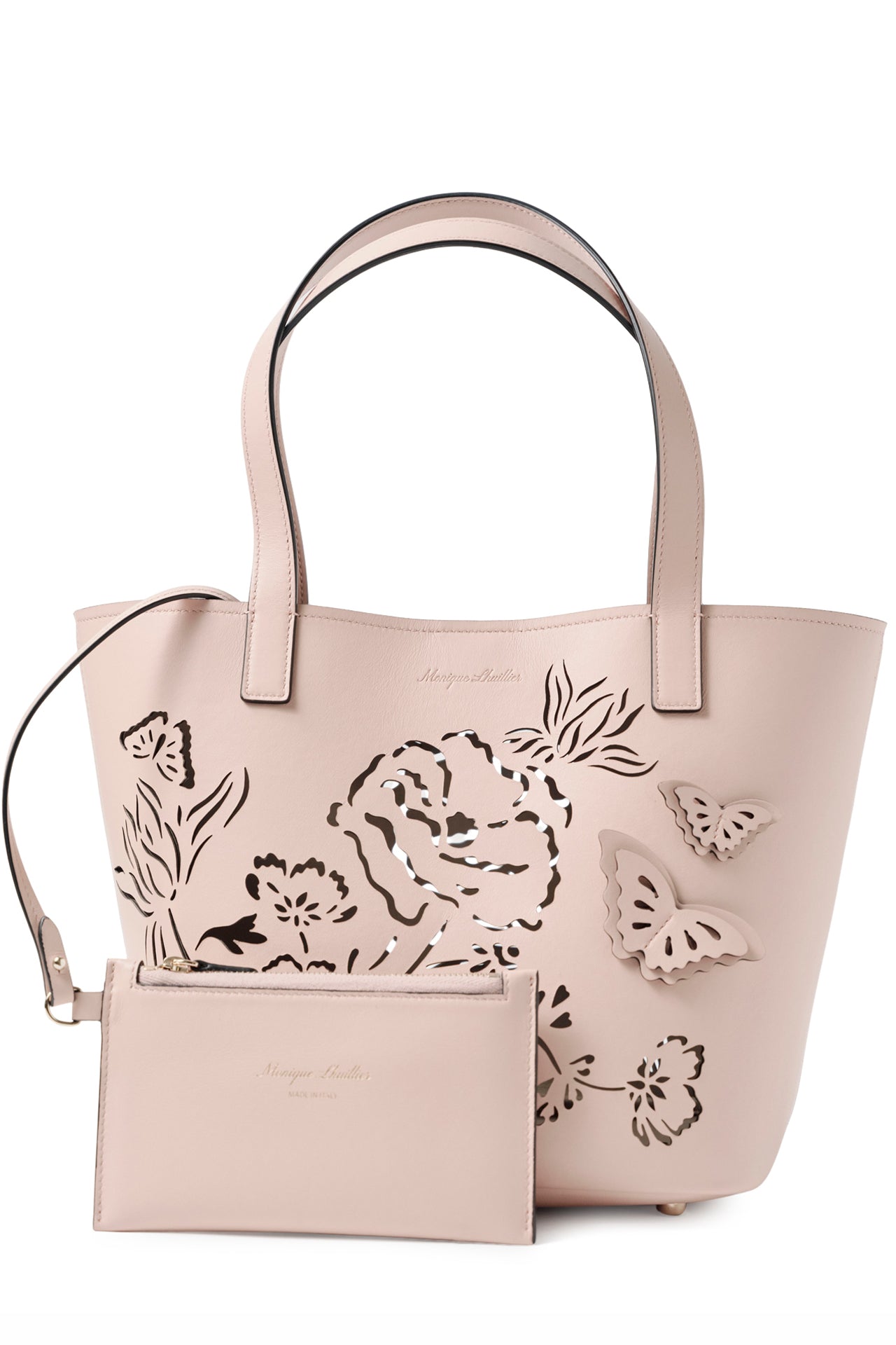 Leather top handle tote bag with laser cut florals, three-dimensional leather butterflies and small zip pouch in Blush- front with zip pouch