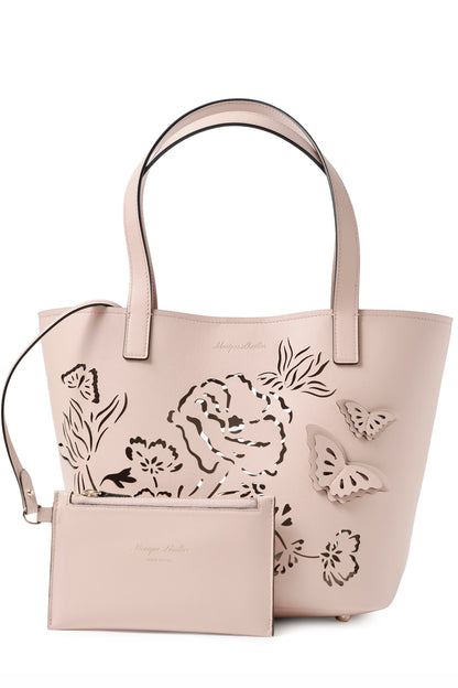 Leather top handle tote bag with laser cut florals, three-dimensional leather butterflies and small zip pouch in Blush- front with zip pouch