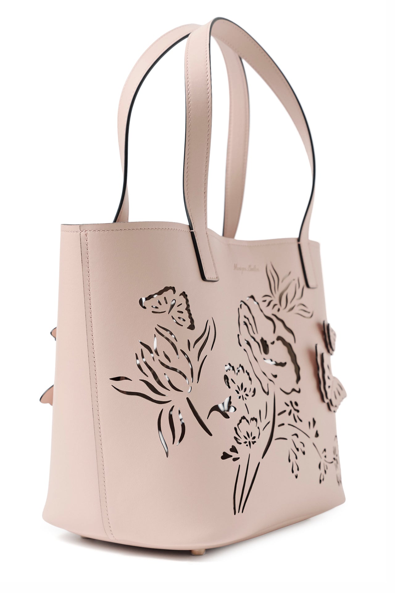 Leather top handle tote bag with laser cut florals, three-dimensional leather butterflies and small zip pouch in Blush- side