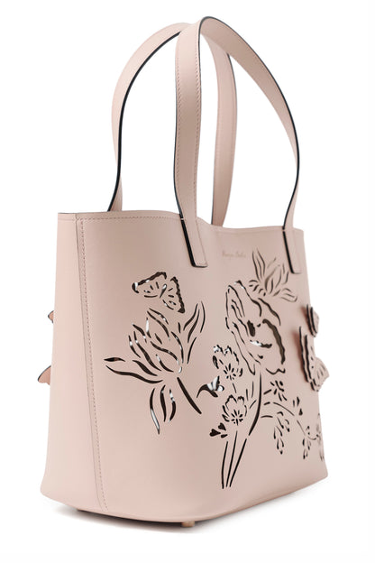 Leather top handle tote bag with laser cut florals, three-dimensional leather butterflies and small zip pouch in Blush- side