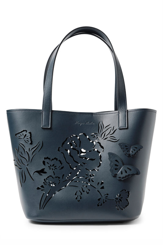 Leather top handle tote bag with laser cut florals, three-dimensional leather butterflies and small zip pouch in Navy- front