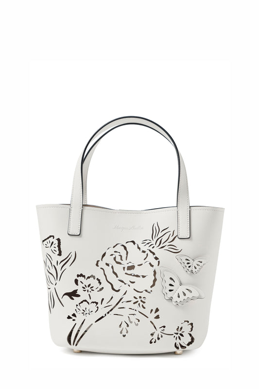 Leather top handle mini tote bag with laser cut florals, three-dimensional leather butterflies and small zip pouch in Ivory- front