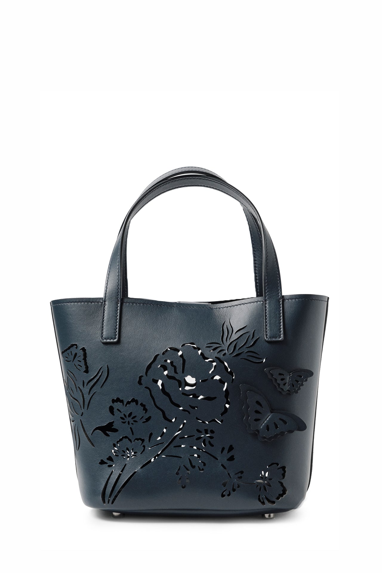 Leather top handle mini tote bag with laser cut florals, three-dimensional leather butterflies and small zip pouch in Navy- back