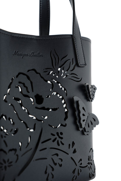 Leather top handle mini tote bag with laser cut florals, three-dimensional leather butterflies and small zip pouch in Navy- front detail