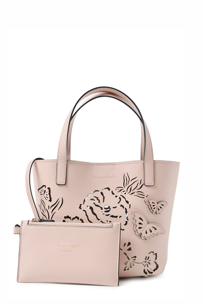 Leather top handle mini tote bag with laser cut florals, three-dimensional leather butterflies and small zip pouch in Blush- front with zip pouch