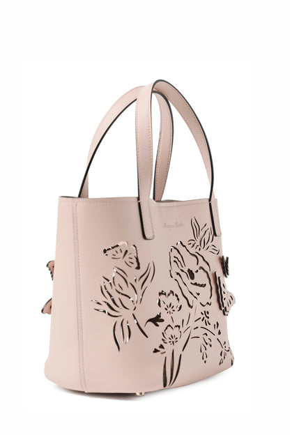 Leather top handle mini tote bag with laser cut florals, three-dimensional leather butterflies and small zip pouch in Blush- side