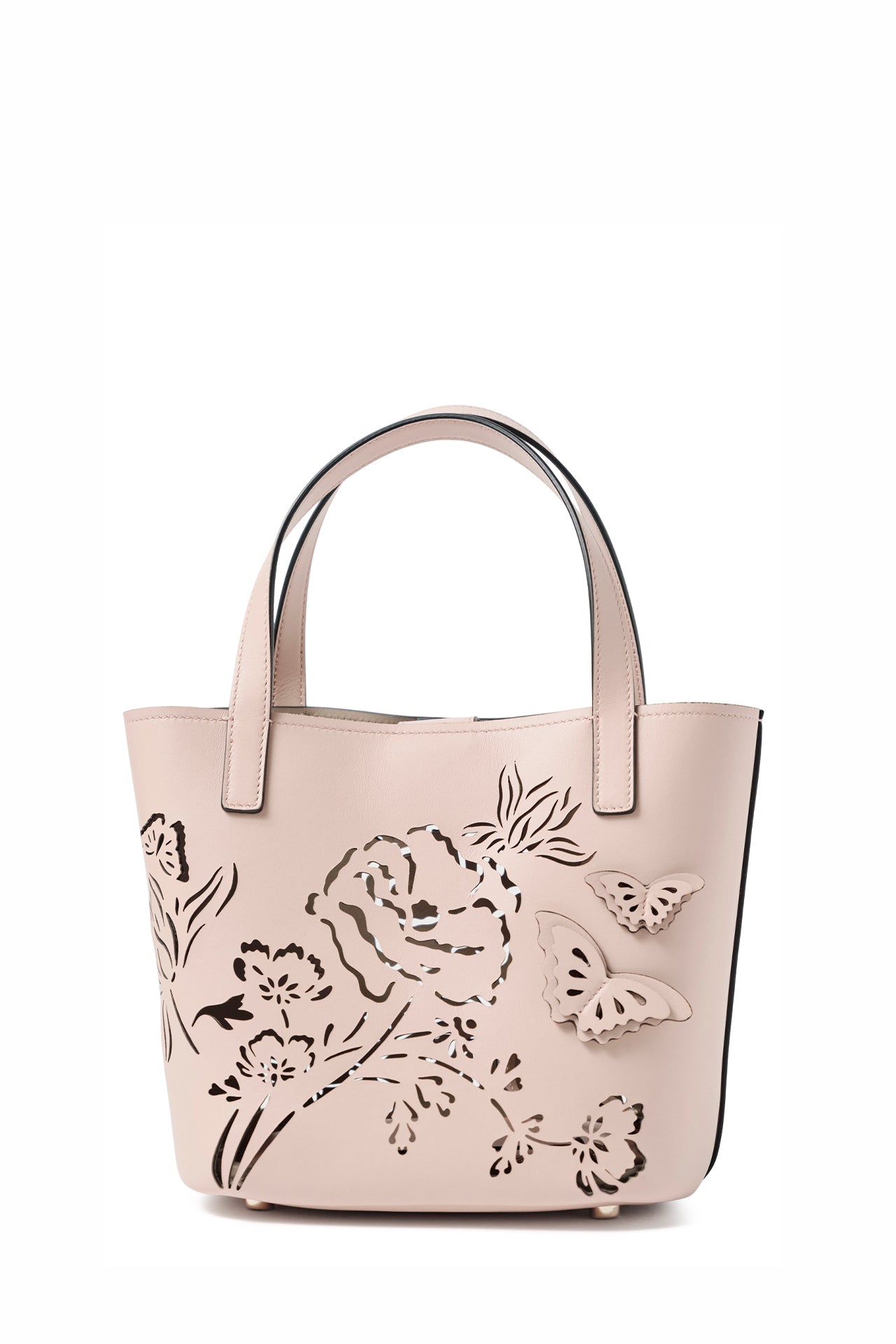 Leather top handle mini tote bag with laser cut florals, three-dimensional leather butterflies and small zip pouch in Blush- back