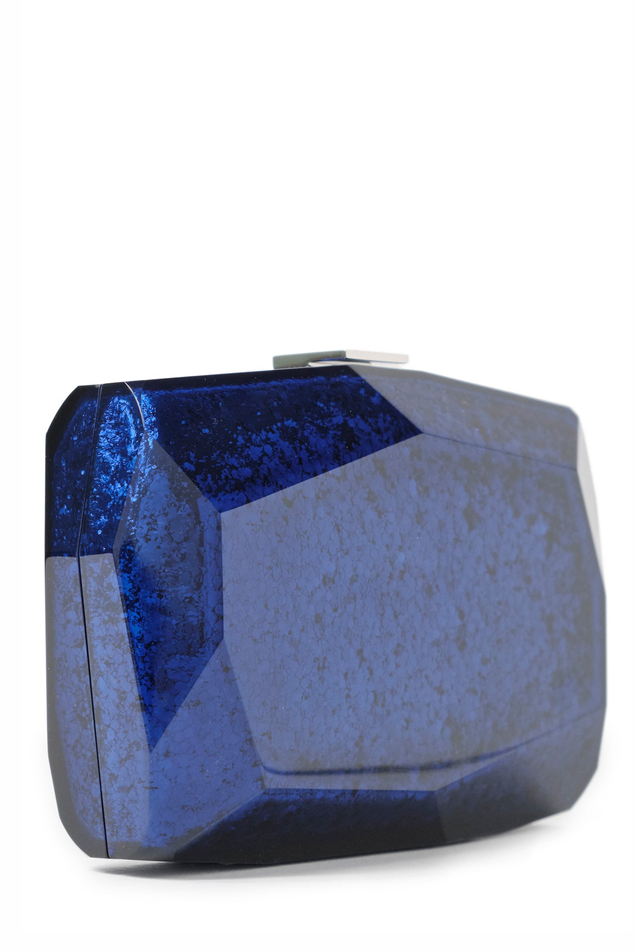 Lucite faceted minaudière with silver metal clasp at top in Blue- side