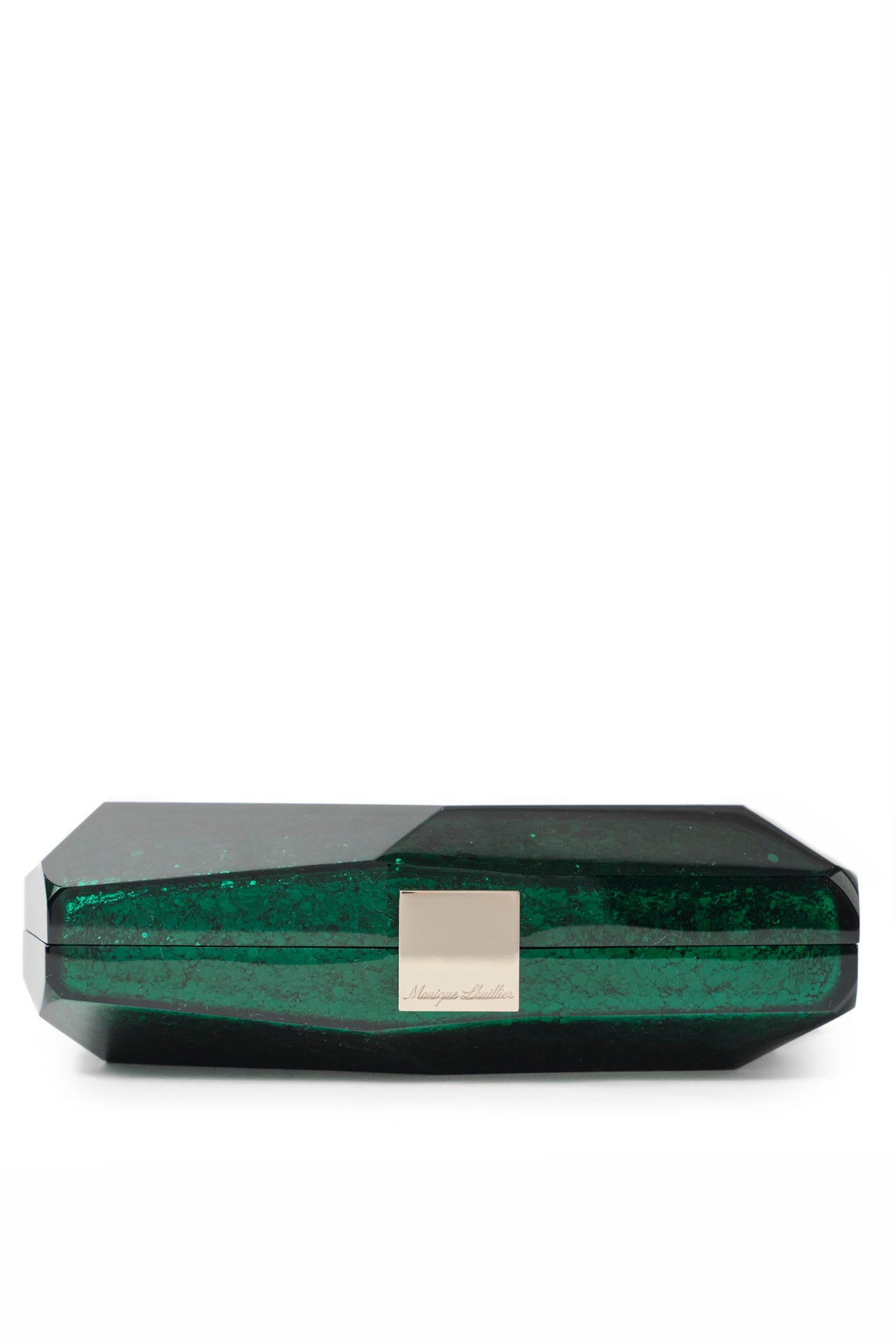 Lucite faceted minaudière with silver metal clasp at top in Emerald- flat