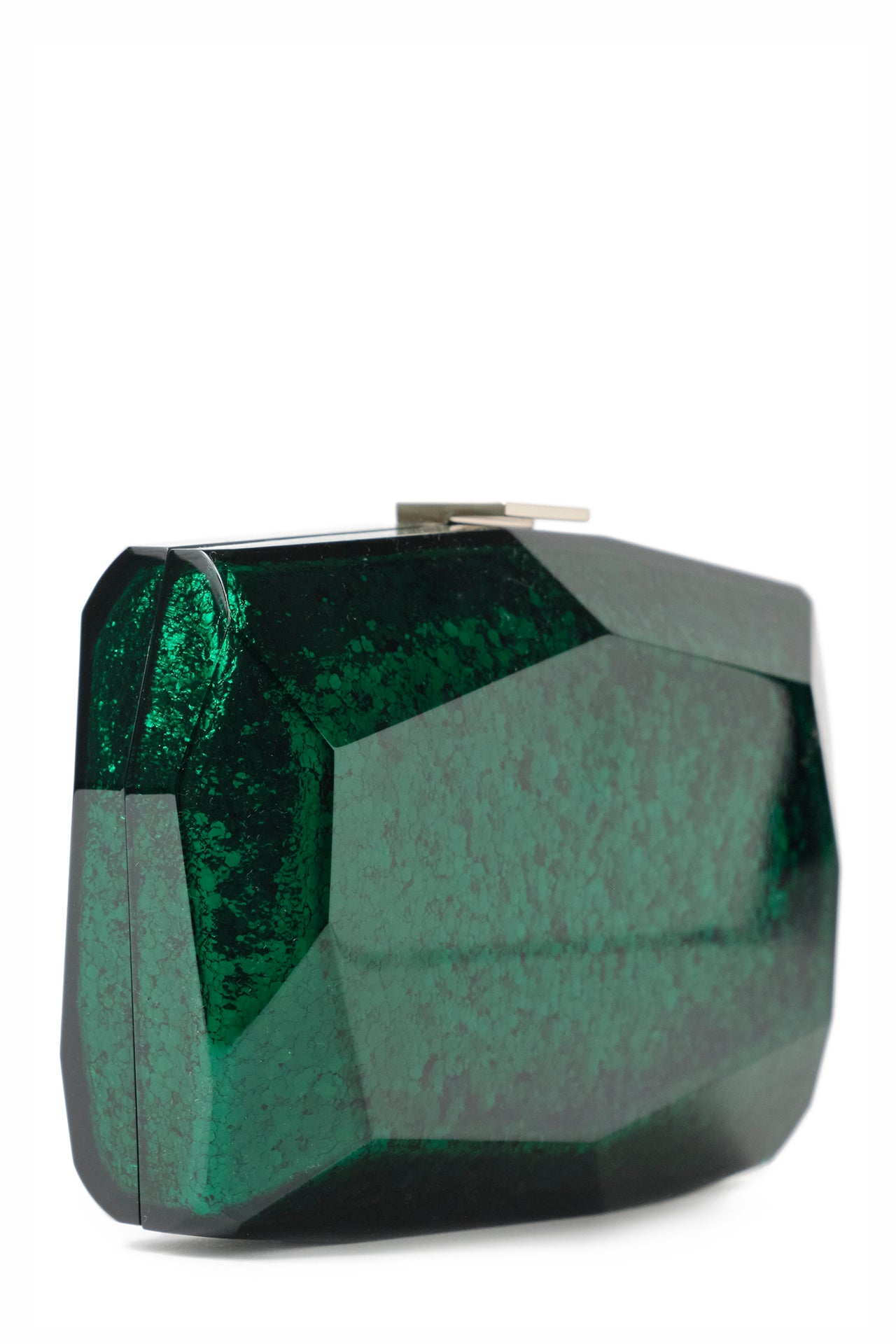 Lucite faceted minaudière with silver metal clasp at top in Emerald- side