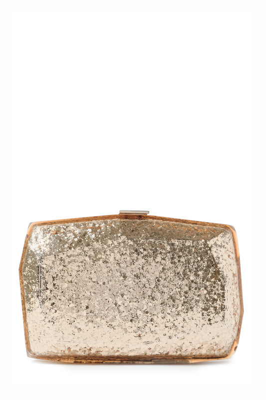 Lucite faceted minaudière with gold metal clasp at top in Gold- front