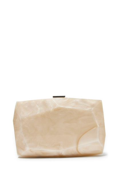 Lucite faceted minaudière with silver metal clasp at top in Pearl- front