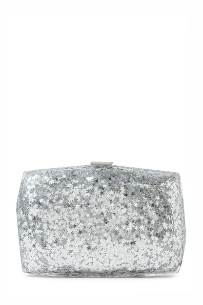 Lucite faceted minaudière with silver metal clasp at top in Silver Star- front