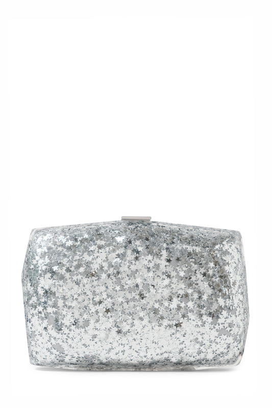 Lucite faceted minaudière with silver metal clasp at top in Silver Star- front