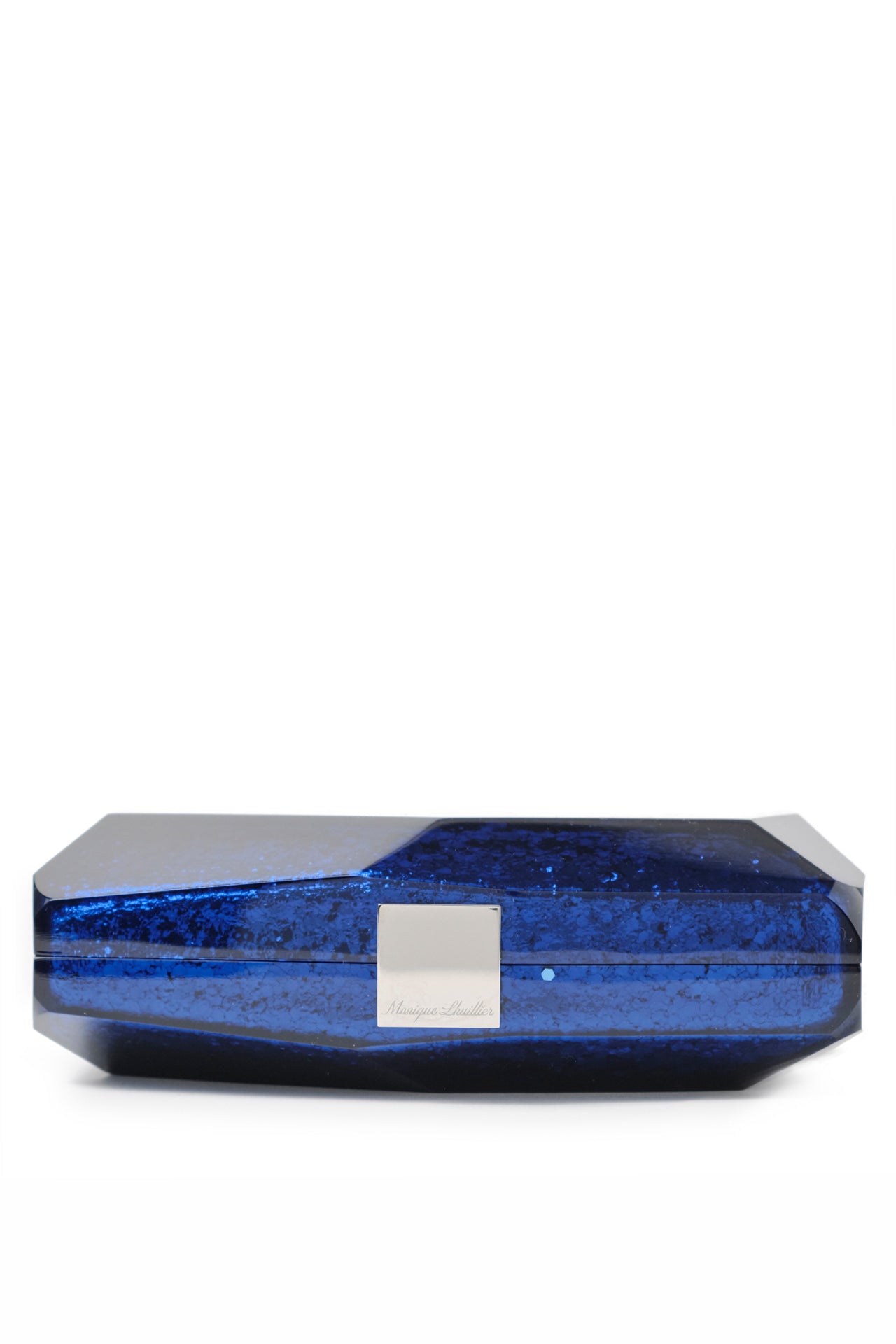 Lucite faceted minaudière with silver metal clasp at top in Blue- flat