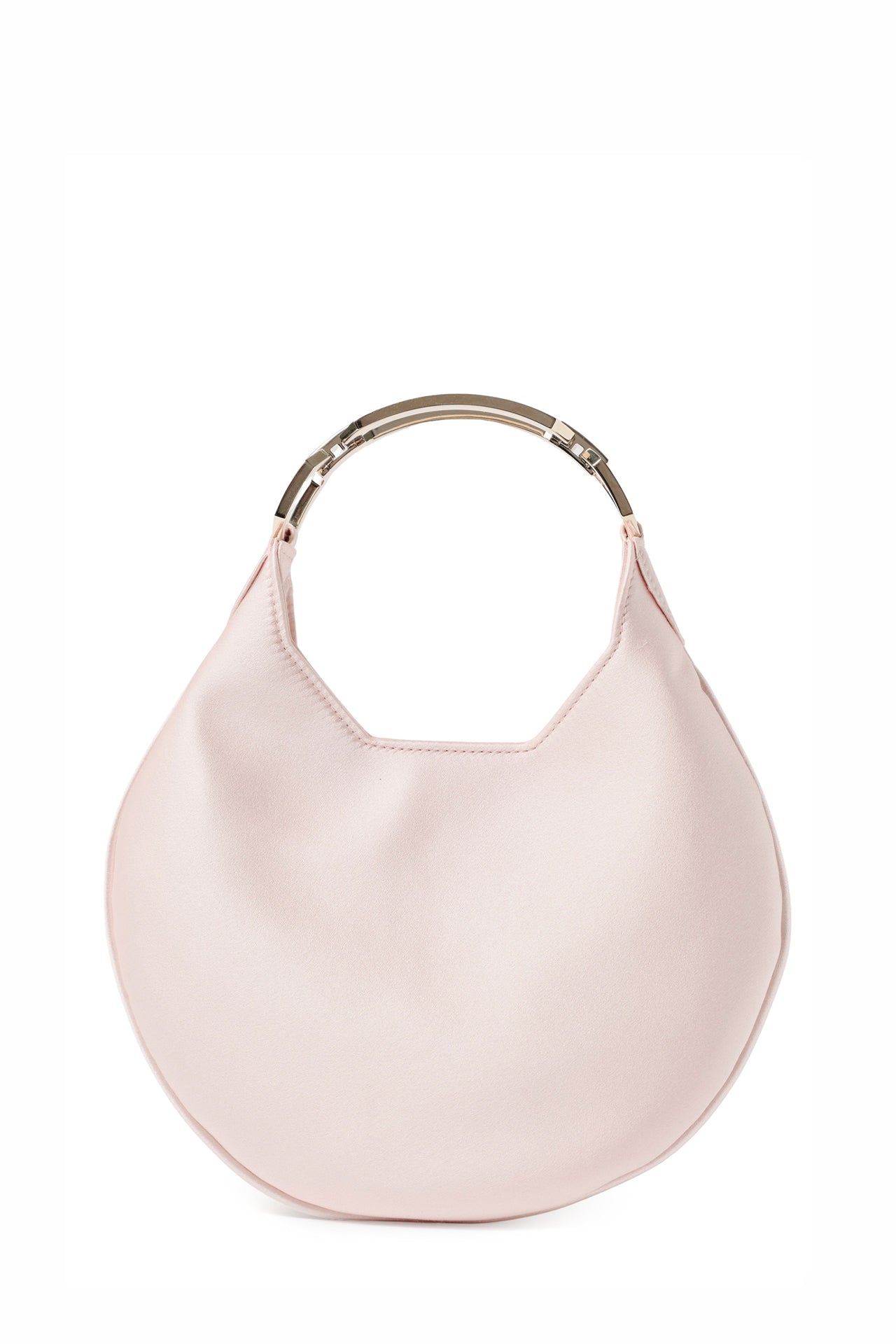 Satin, crescent shaped small evening bag with diamante pale gold metal handle in Blush- front