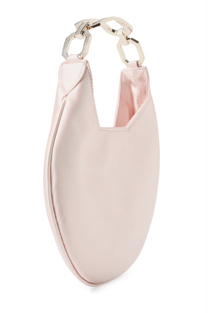 Satin, crescent shaped small evening bag with diamante pale gold metal handle in Blush- side