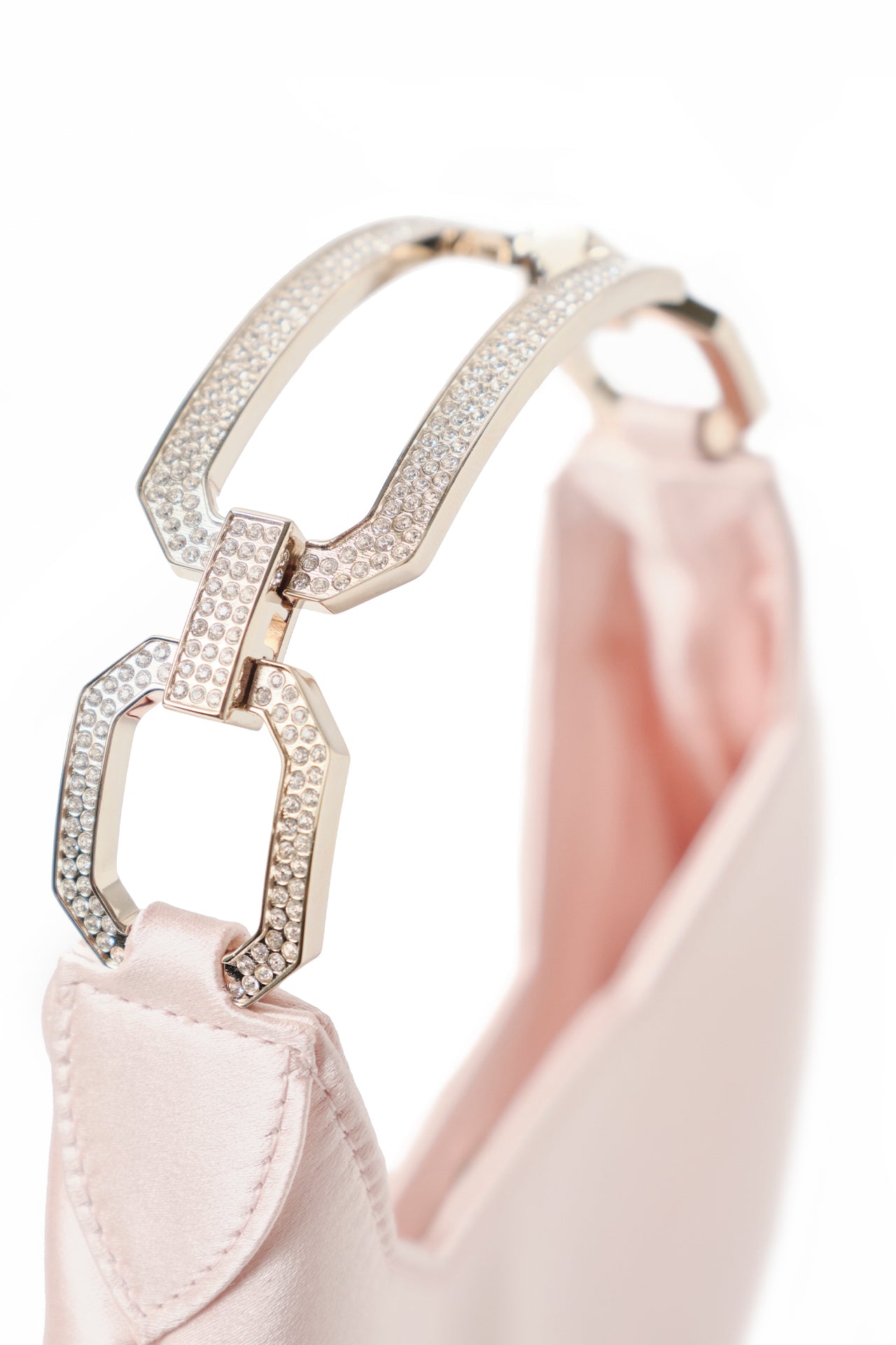 Satin, crescent shaped small evening bag with diamante pale gold metal handle in Blush- handle