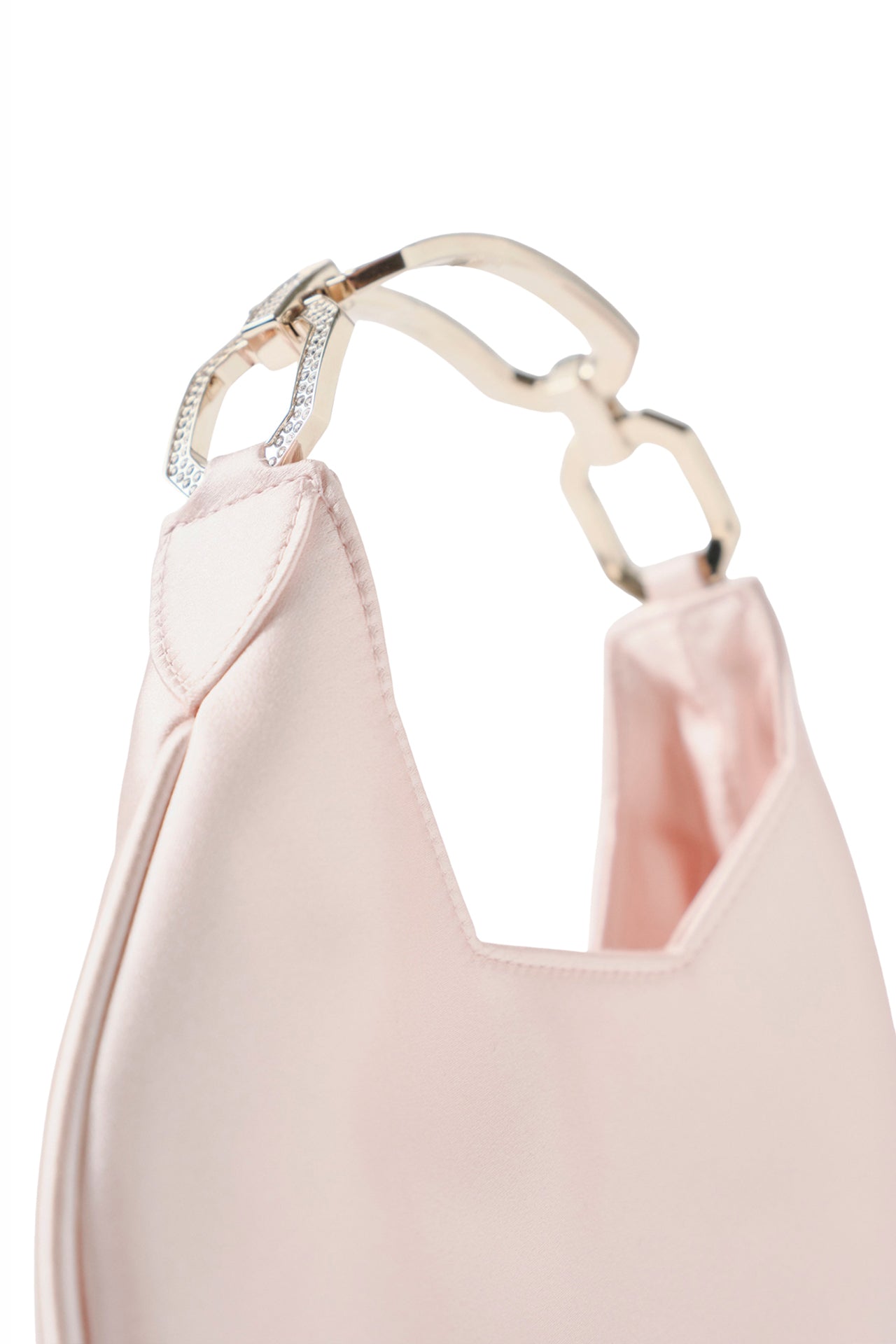 Satin, crescent shaped small evening bag with diamante pale gold metal handle in Blush- side detail