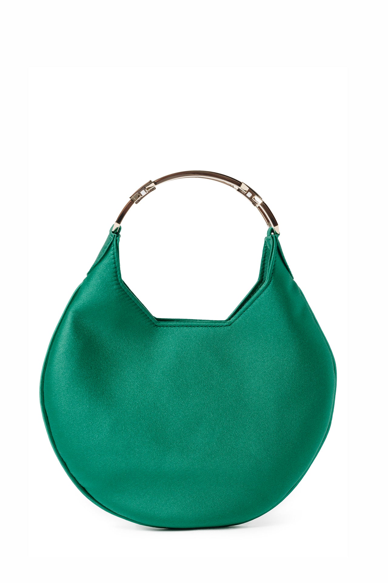 Satin, crescent shaped small evening bag with diamante pale gold metal handle in Emerald- front