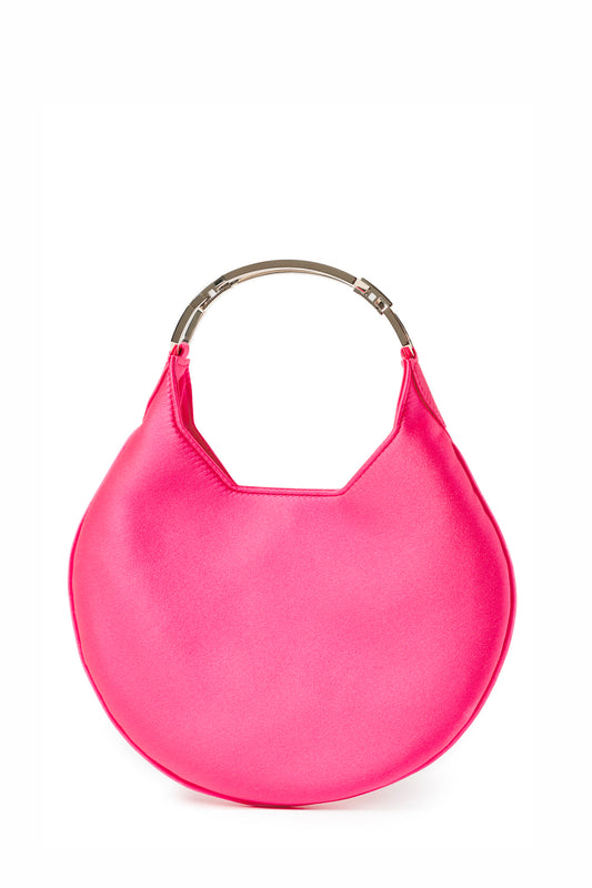 Satin, crescent shaped small evening bag with diamante pale gold metal handle in Fuchsia- front