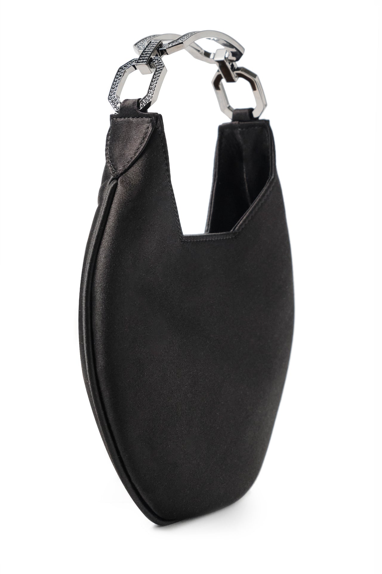 Satin, crescent shaped small evening bag with diamante gunmetal handle in Noir- side