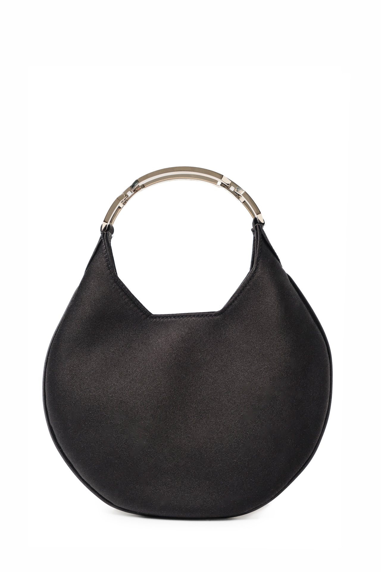 Satin, crescent shaped small evening bag with diamante pale gold metal handle in Noir- front