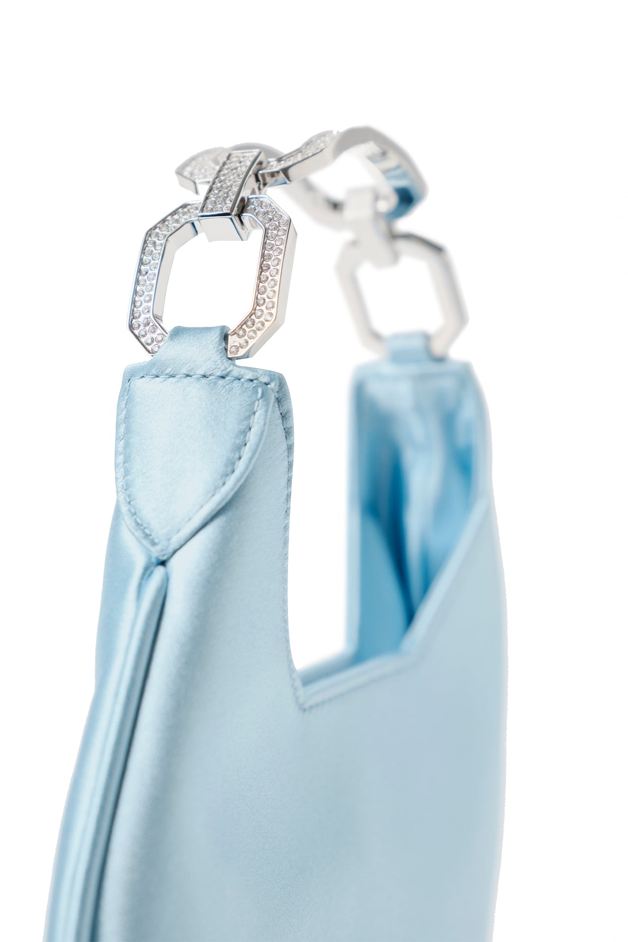 Satin, crescent shaped small evening bag with diamante nickel metal handle in Pale Blue- side detail