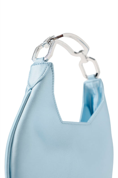 Satin, crescent shaped small evening bag with diamante nickel metal handle in Pale Blue- side detail