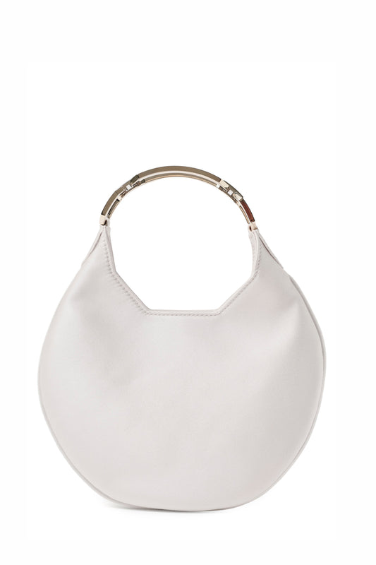 Satin, crescent shaped small evening bag with diamante pale gold metal handle in Pearl- front