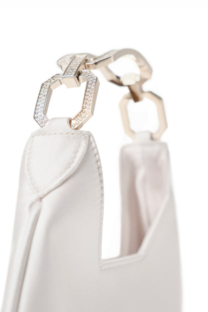 Satin, crescent shaped small evening bag with diamante pale gold metal handle in Pearl- side detail