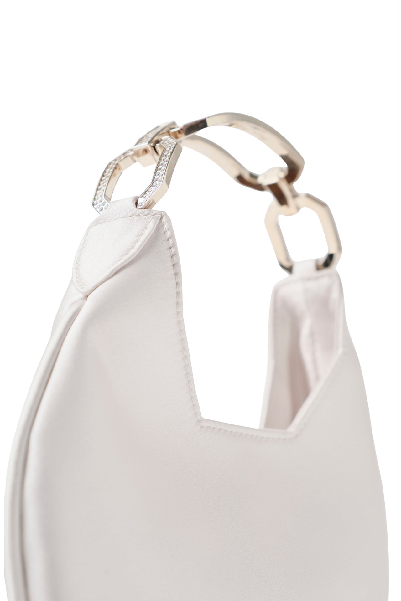 Satin, crescent shaped small evening bag with diamante pale gold metal handle in Pearl- side detail